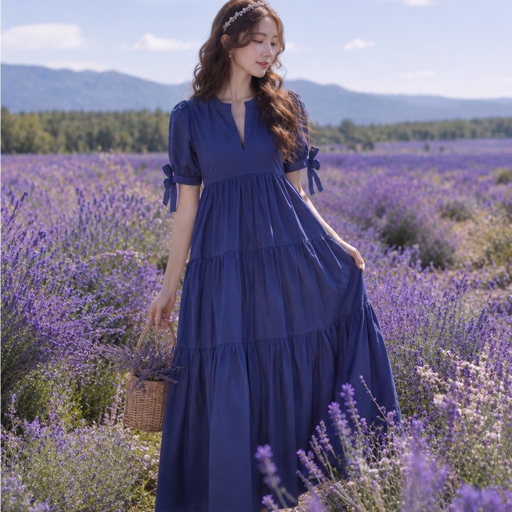 English Factory TIERED MIDI DRESS WITH BOW-TIE SLEEVES